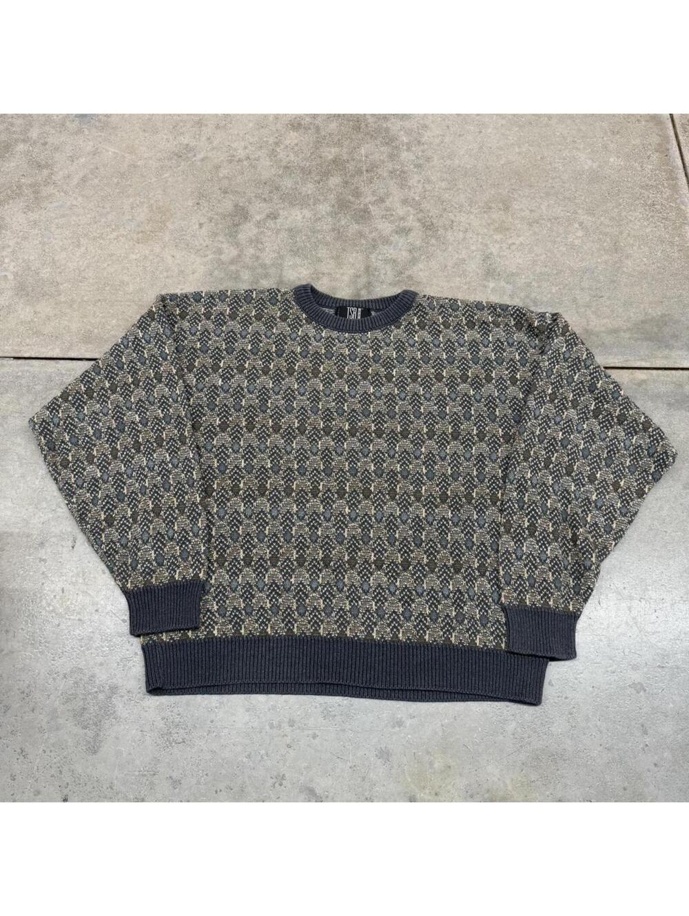 vintage tsr made in usa brown beige and grey all over print knit sweater medium